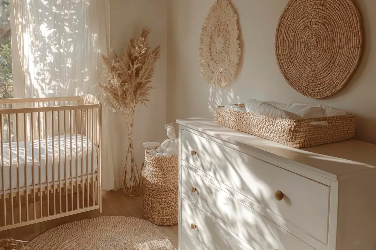 Quarto de bebê minimalista com berço de madeira, cômoda branca de gavetas e enxoval organizado
