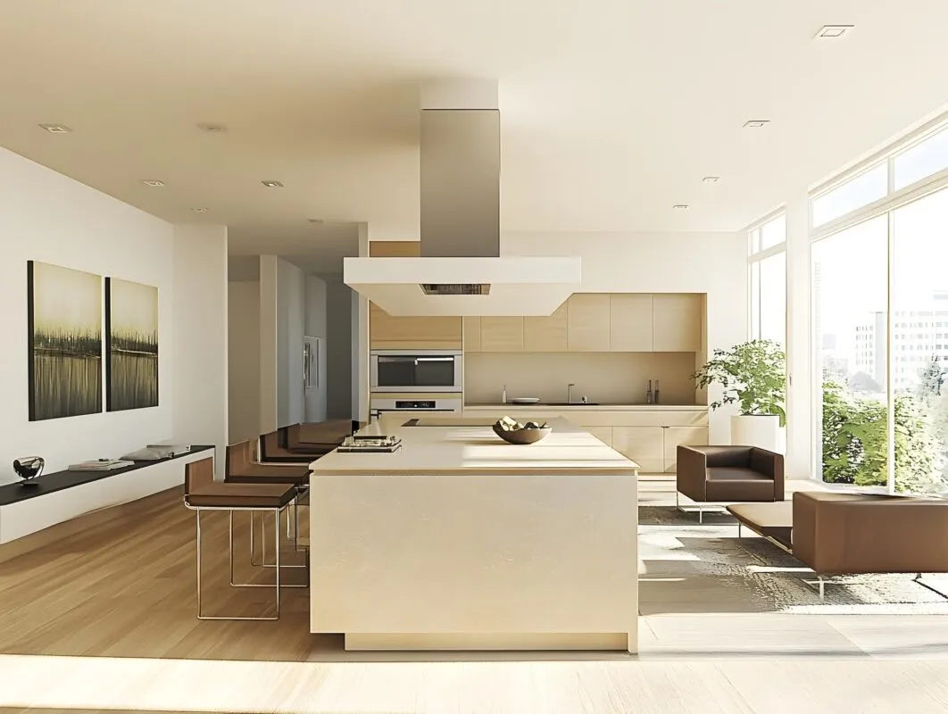 Cozinha integrada a sala em planta aberta, com ilha central, coifa sobre o cooktop, bancos altos e poltronas perto de janelas amplas