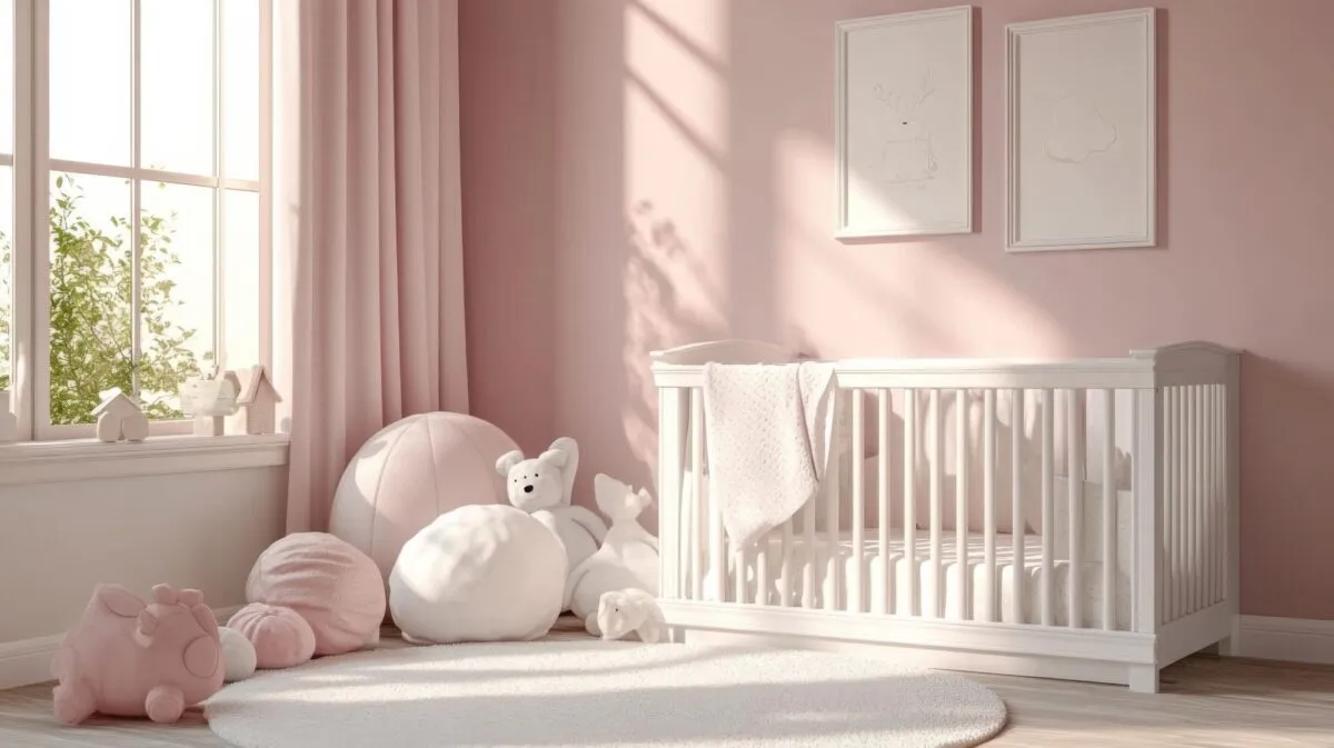 Quarto de bebê menina com parede rosa-claro, berço branco, pelúcias e tapete redondo, iluminado por uma janela
