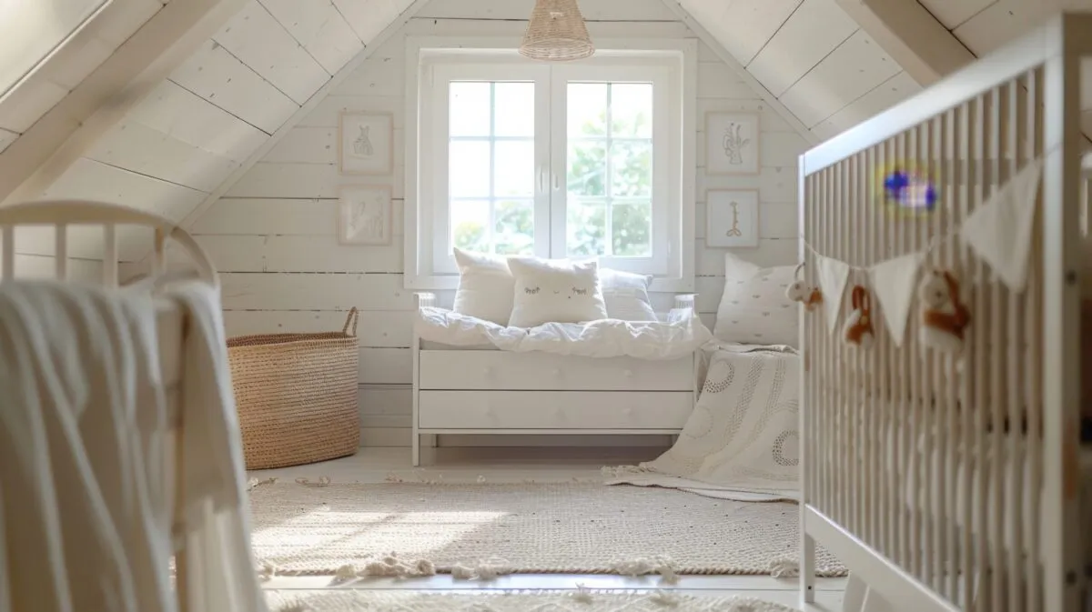 Quarto de bebê branco em sótão, com berço, banco com gavetas, cesto de palha e tapete claro sob a janela
