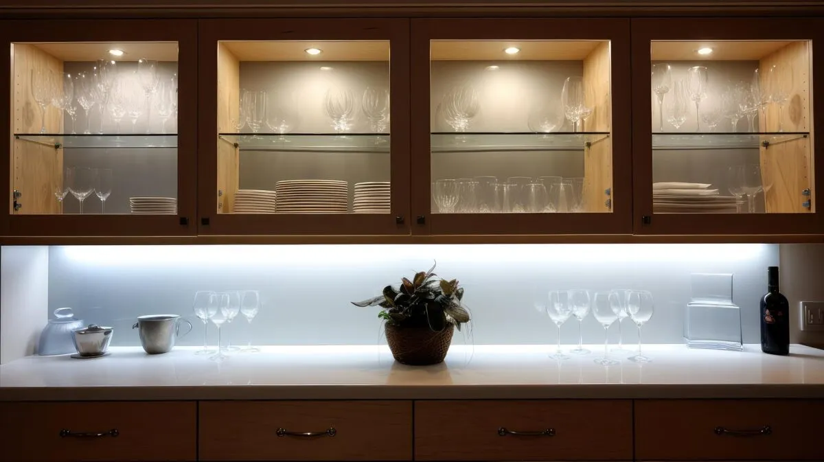 Armários de cozinha com portas de vidro iluminados por dentro e fita de LED acesa sob os módulos, sobre bancada branca